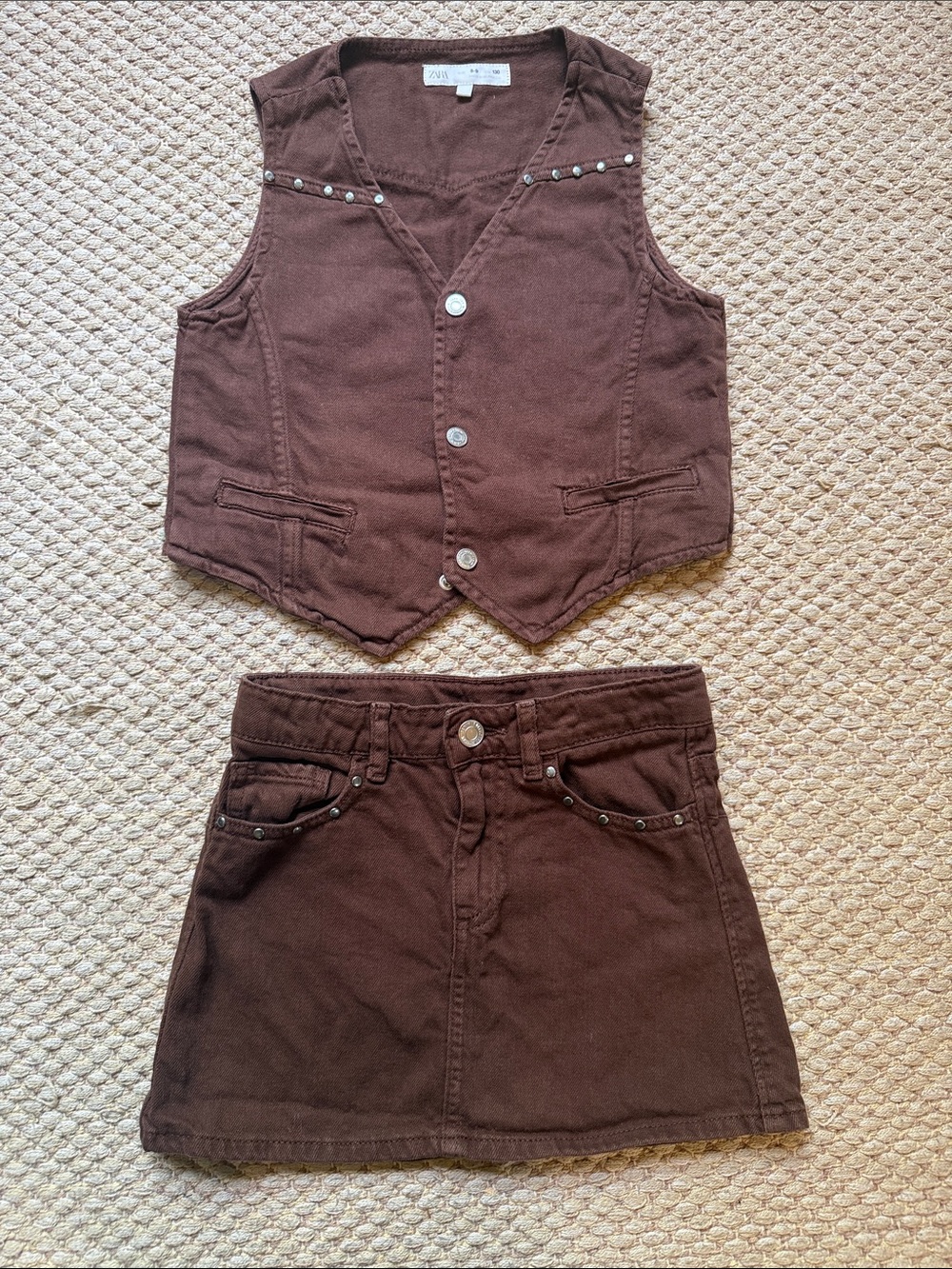 Zara Girls Brown Studded Vest and Skirt Set